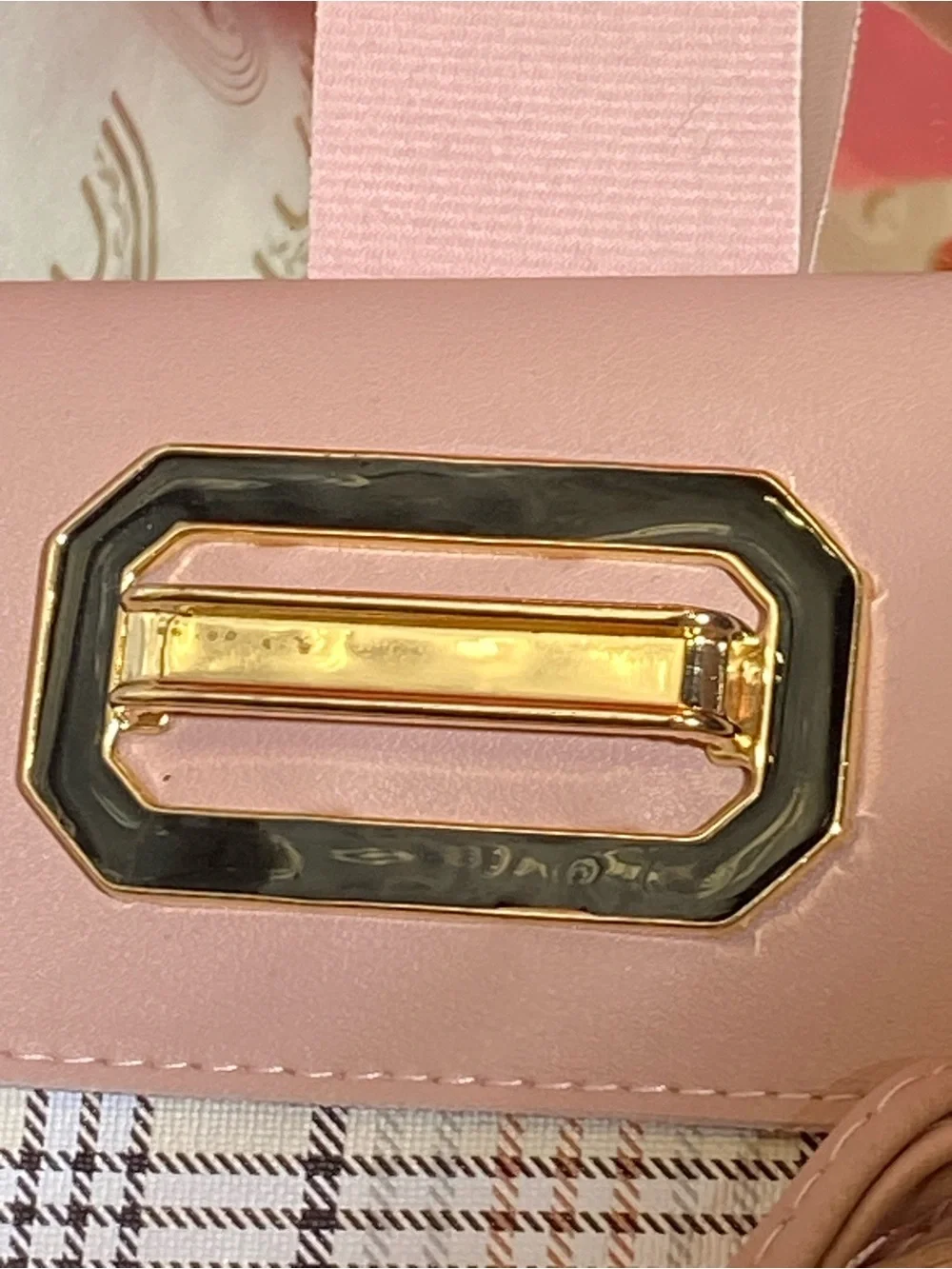 Plaid Pink Crossbody Bag with Gold Accent